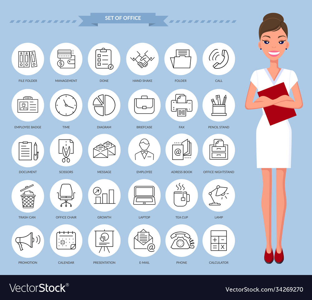 Thin web icons in outline style set office vector image Thin web icons in outline style set office