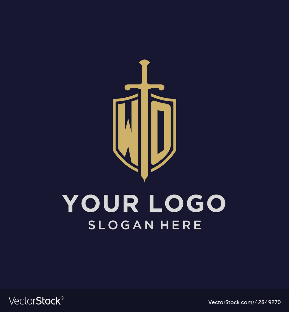 Wo logo initial monogram with shield and sword Vector Image Wo logo initial monogram with shield and sword