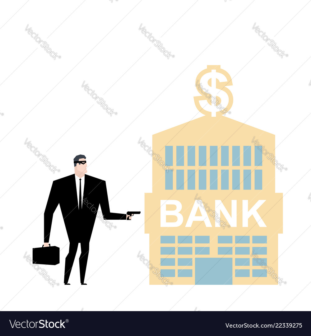 Bank robbery robber and bank building pistol and Vector Image