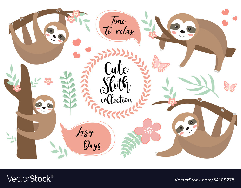 Cute sloth character set collection design Vector Image