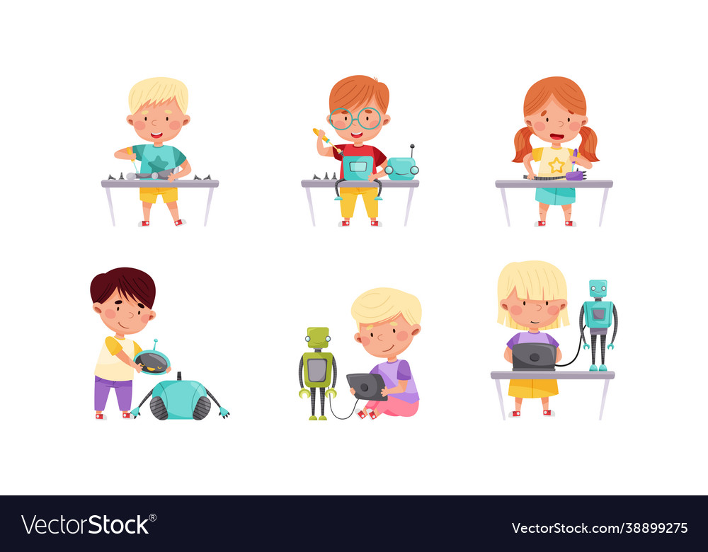 Little children engineering and creating robots vector image Little children engineering and creating robots