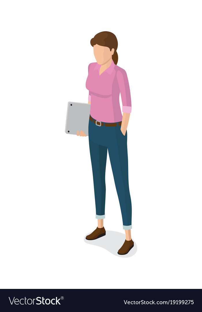 Woman with notebook in pink sweater blue jeans