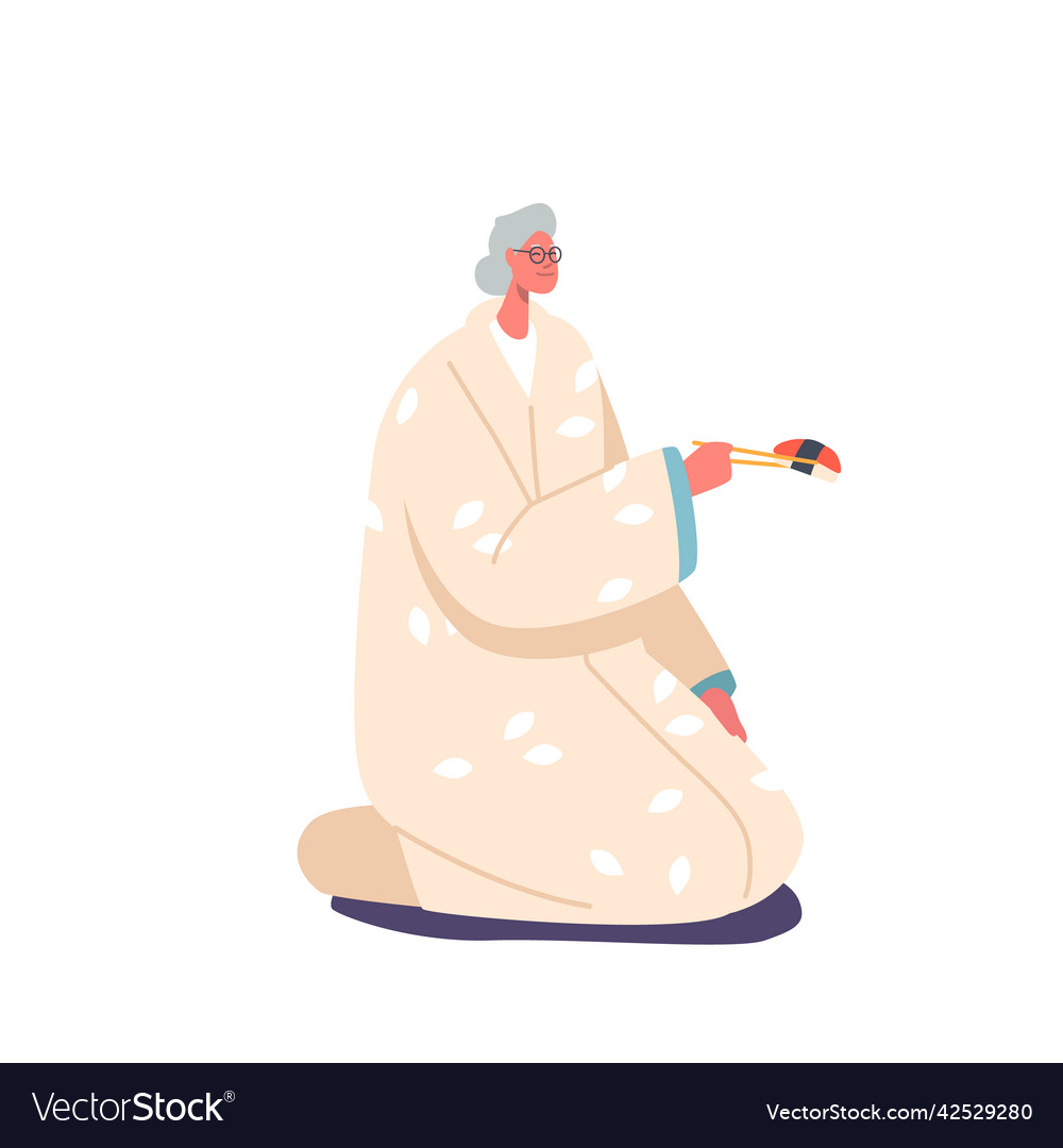 Asian aged woman eat sushi with chopsticks sitting