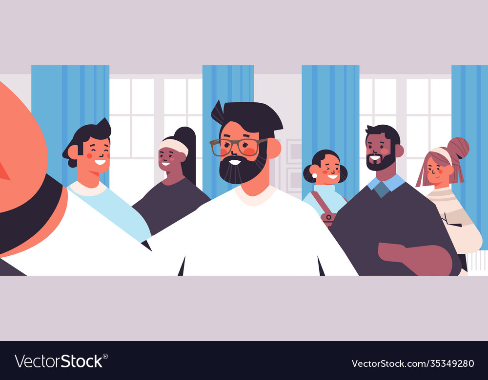 Mix race people taking selfie on smartphone camera vector image Mix race people taking selfie on smartphone camera