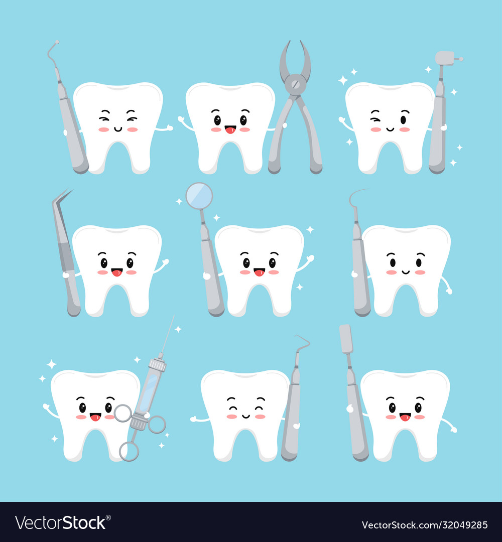 Cute tooth with dental tools icons set isolated Vector Image