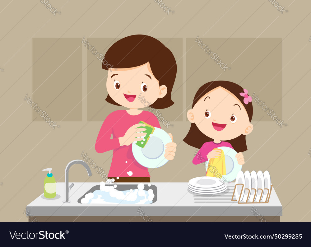 Happy kid helping family washing dishes at home