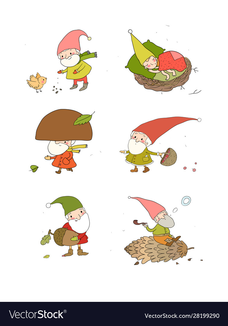 Cute funny cartoon garden gnomes elves