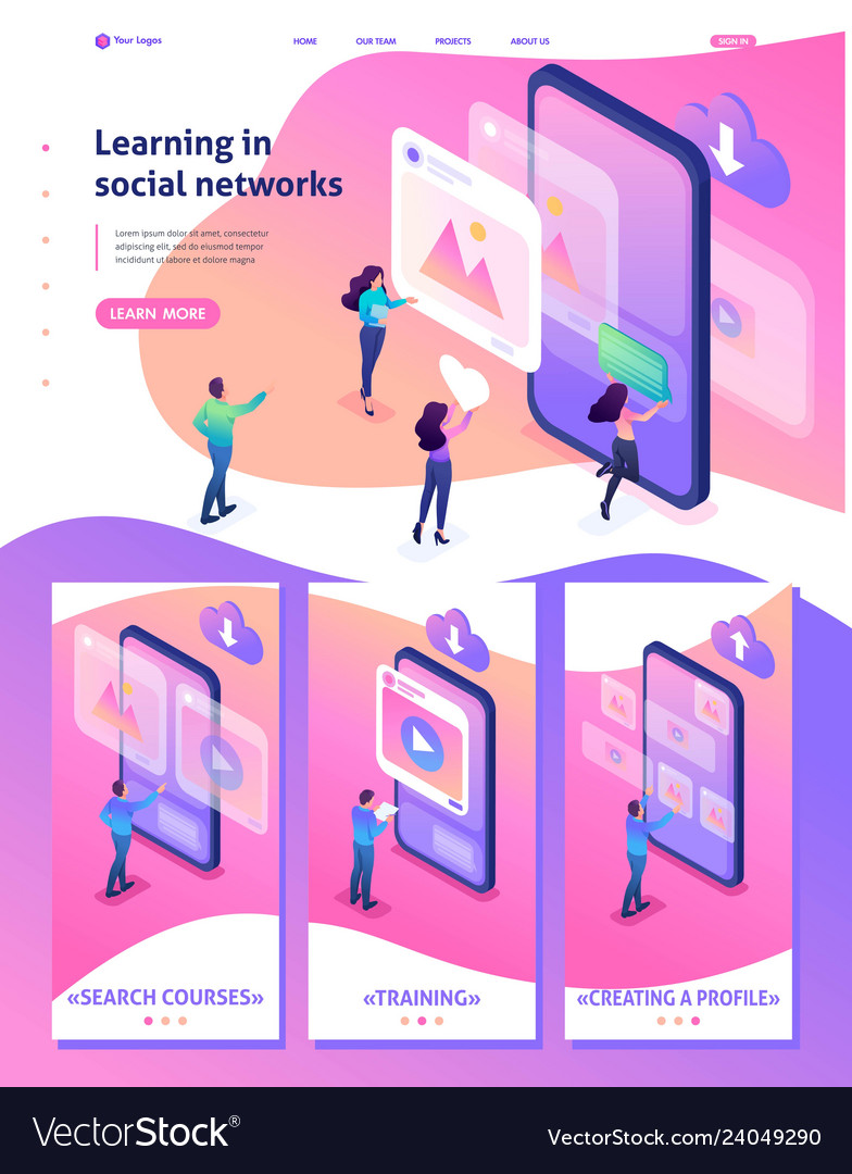Isometric learning create profile social networks vector image Isometric learning create profile social networks