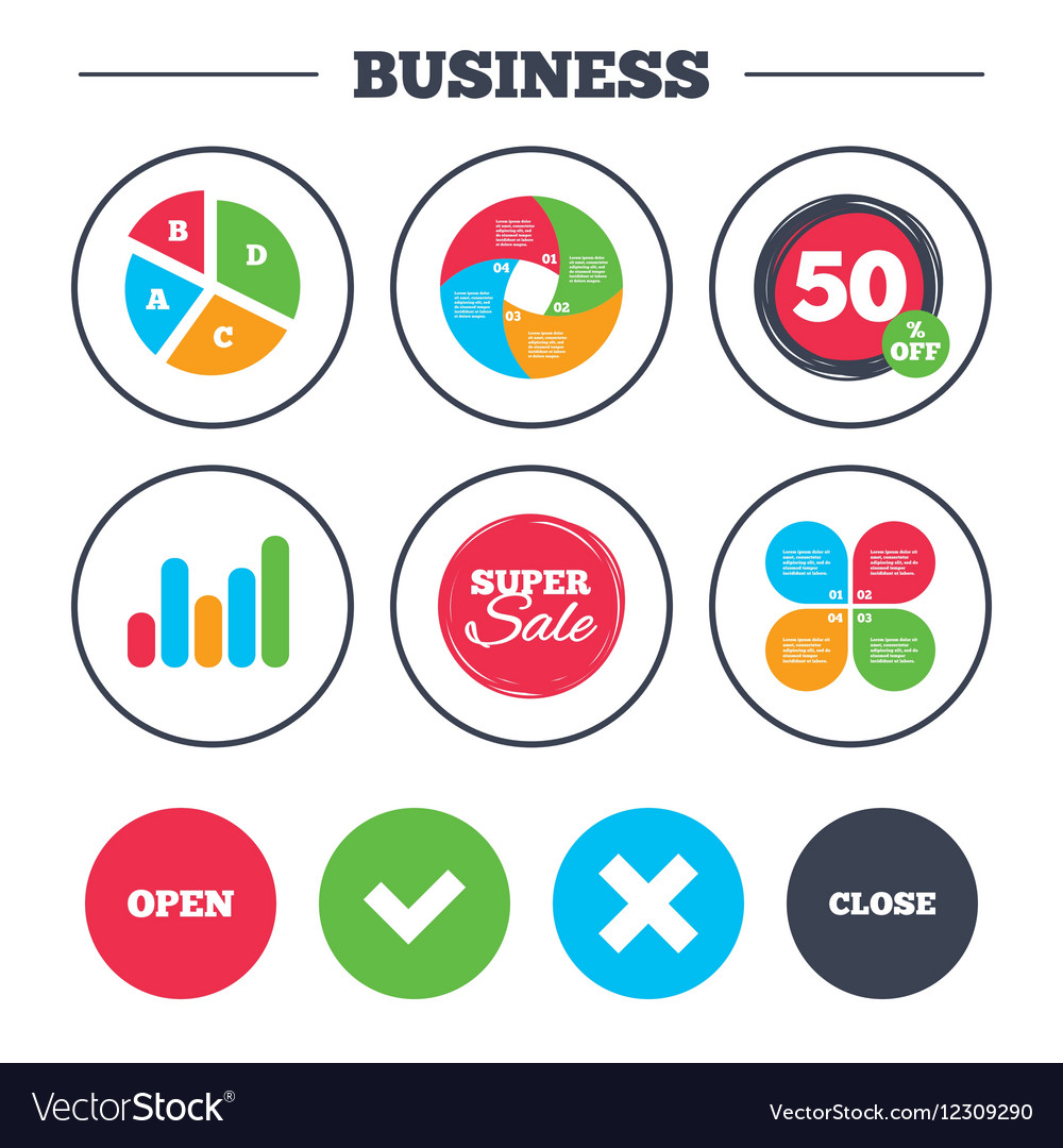 Open and close icons check or tick delete sign