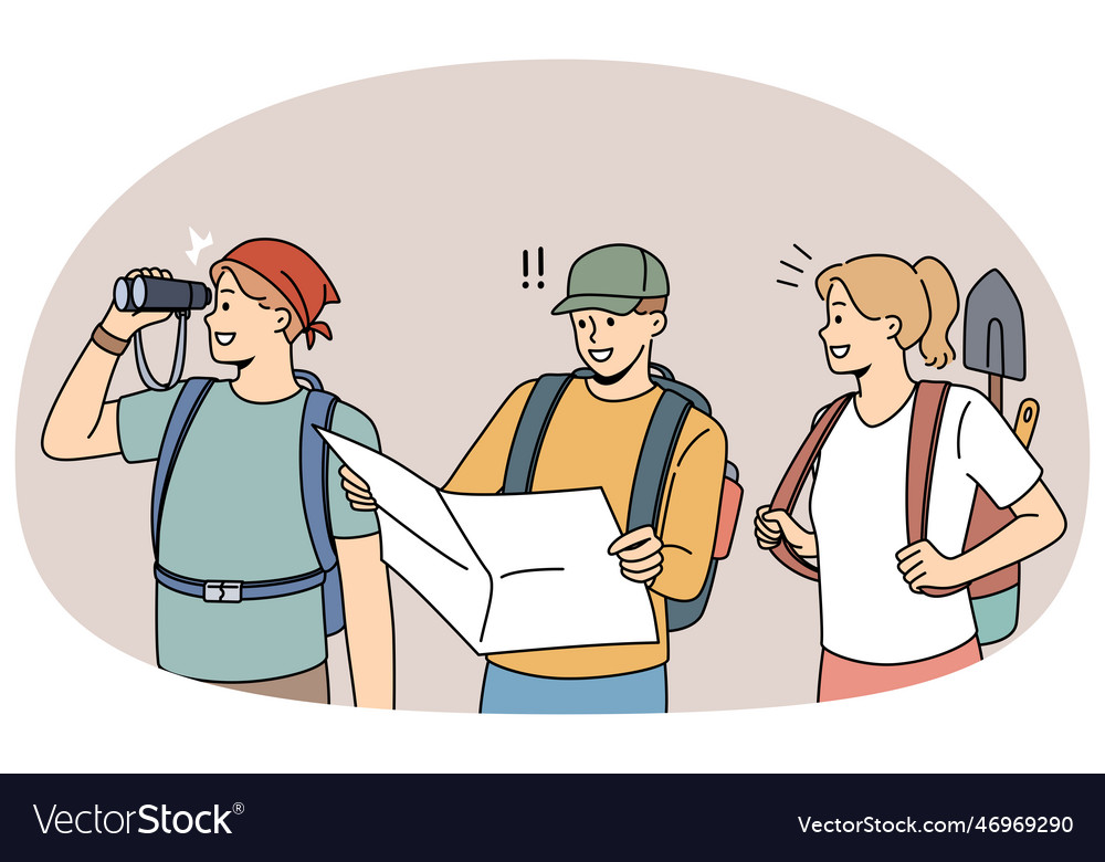 Smiling archeologists with map searching Vector Image Smiling archeologists with map searching