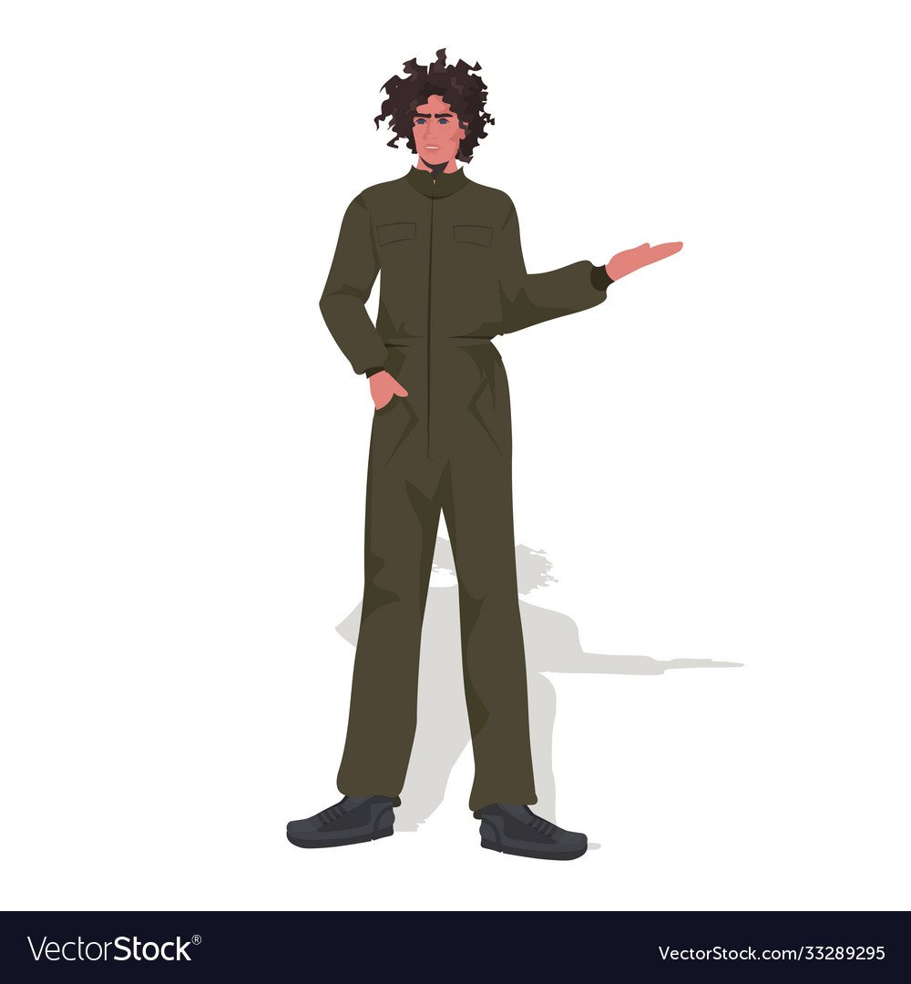 Man pilot in uniform pointing hand on something