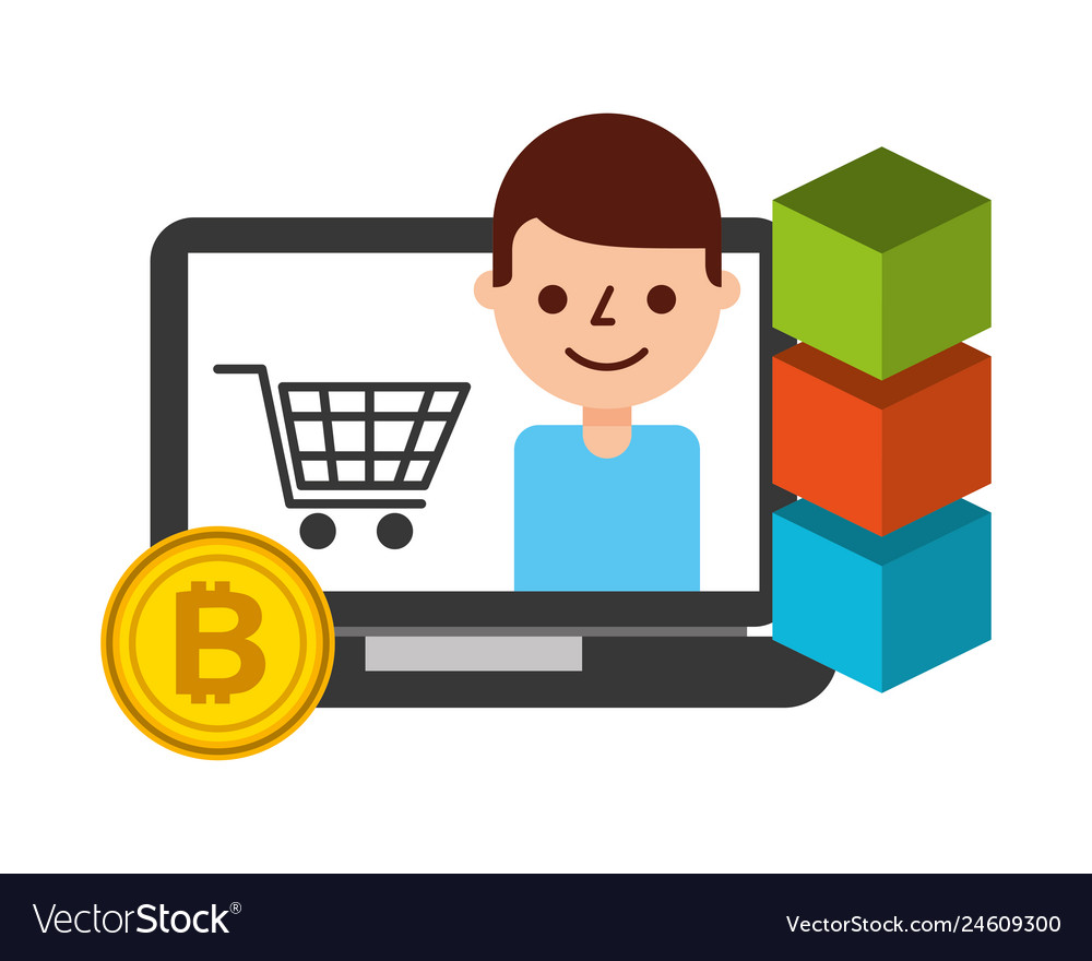 Computer man bitcoin online shopping blockchain vector image Computer man bitcoin online shopping blockchain
