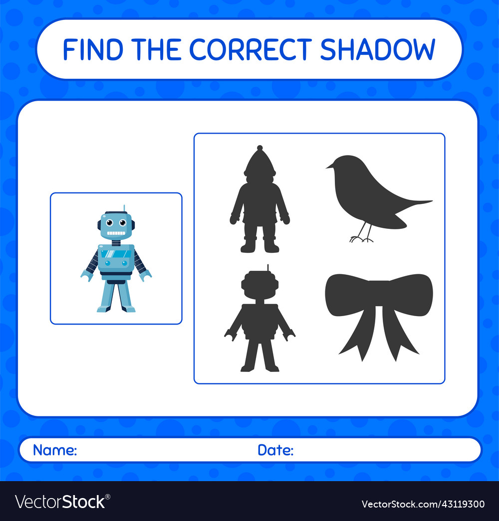 Find the correct shadows game with robot toy vector image Find the correct shadows game with robot toy