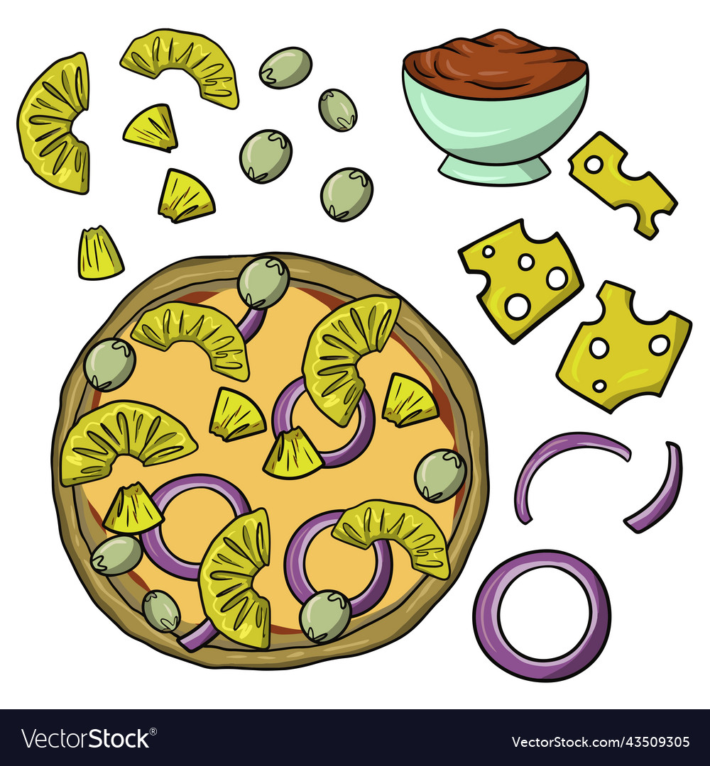 A set of icons for creating pizza with pineapple