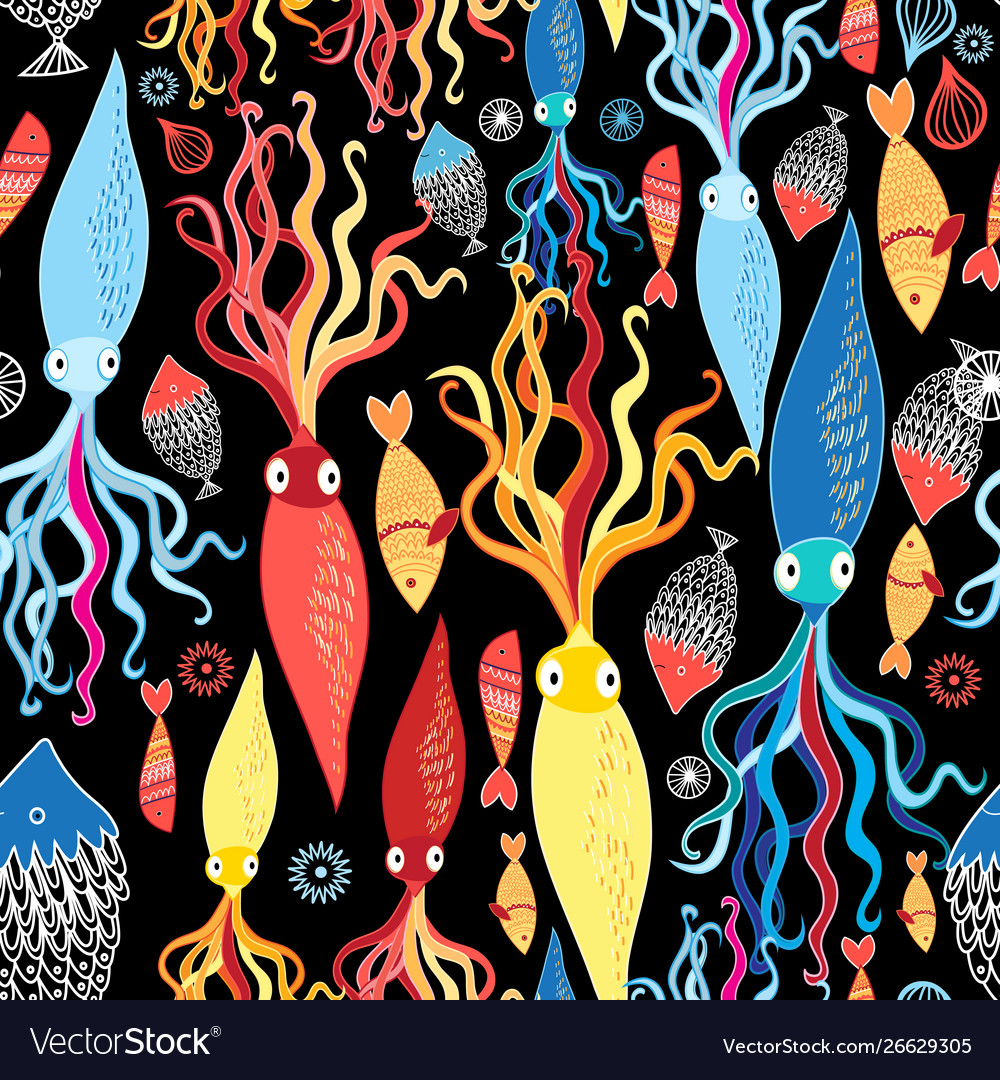 Pattern different squid and fish