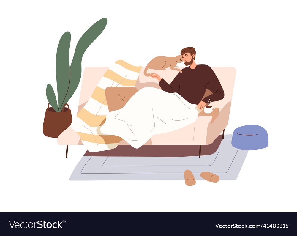 Man relaxing on sofa with cat person resting
