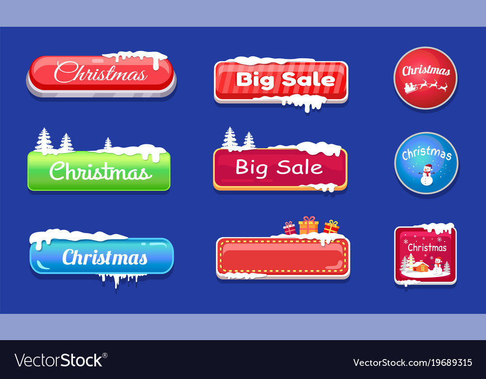 Set of winter theme web push button covered snow