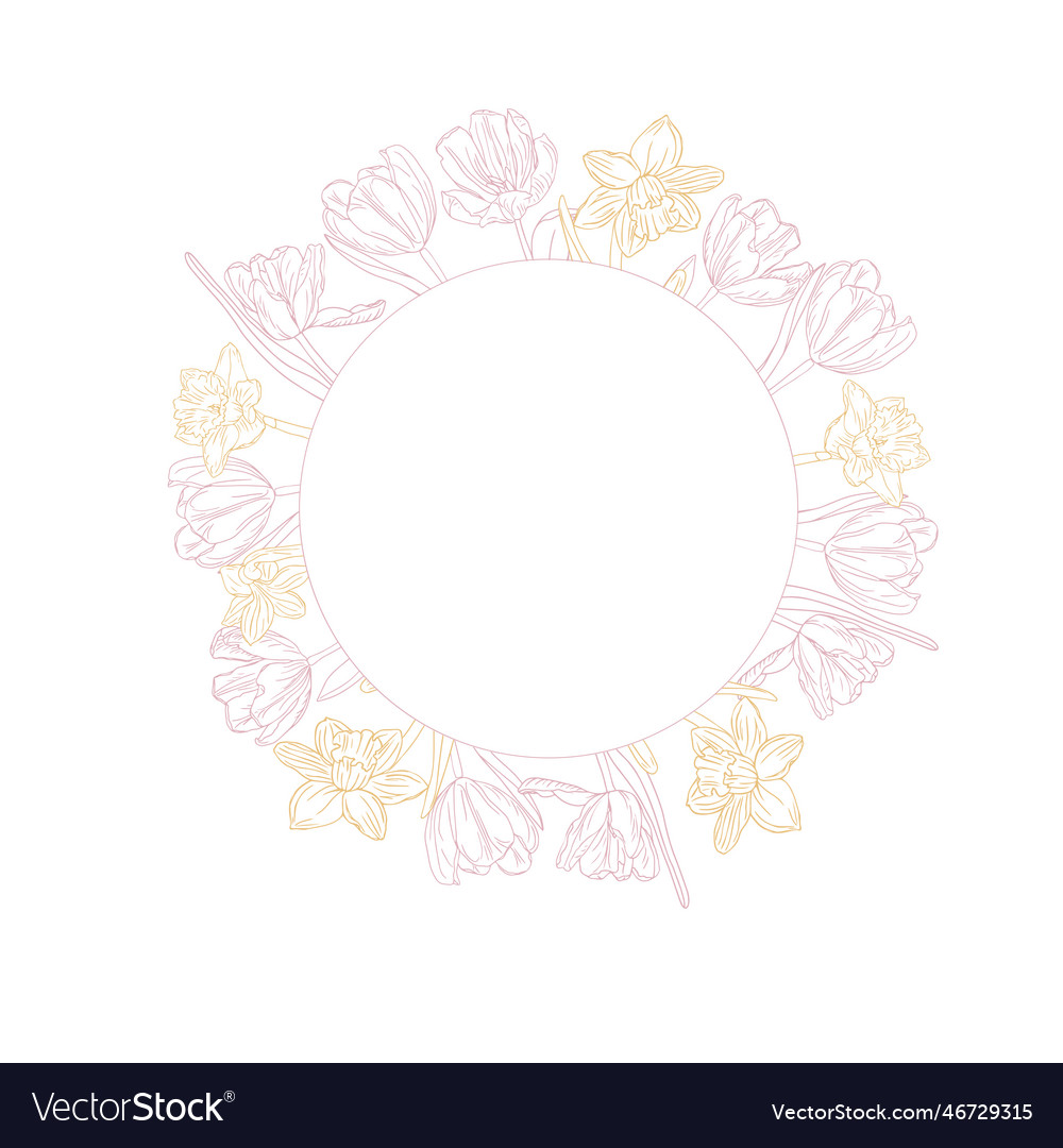 Spring flower circle frame line art tulips