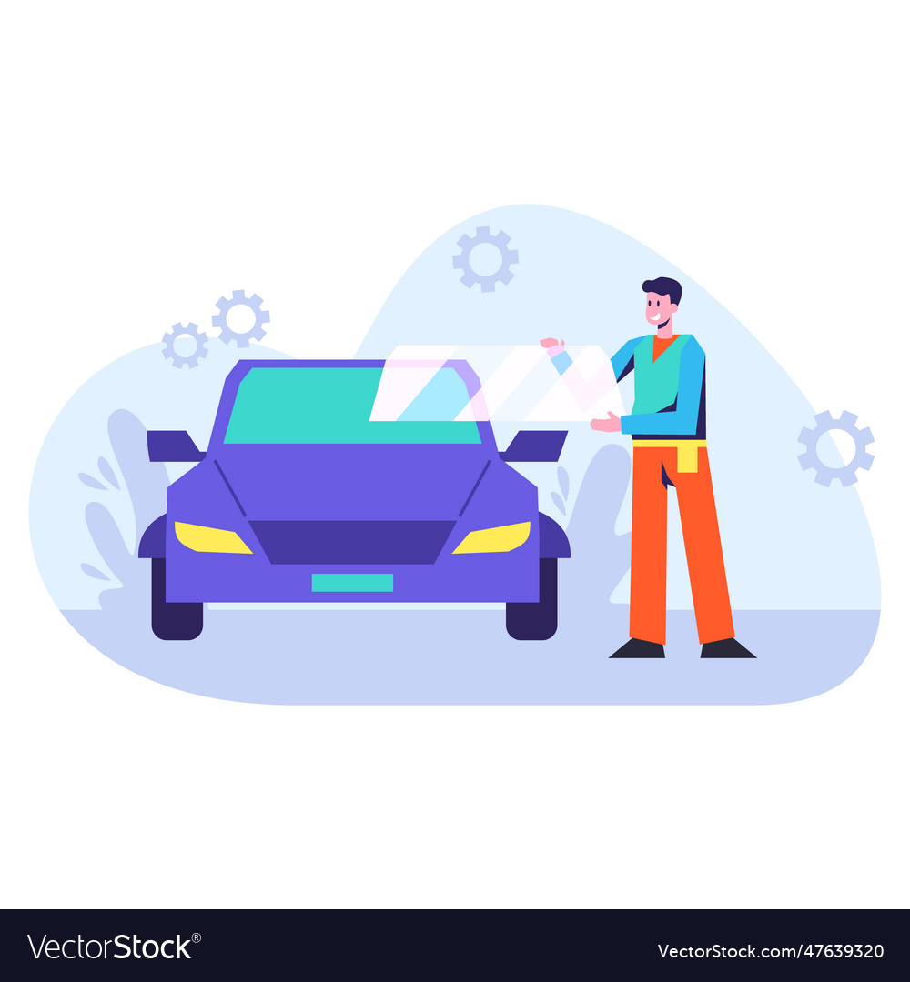 Mechanic in uniform doing car windshield Vector Image