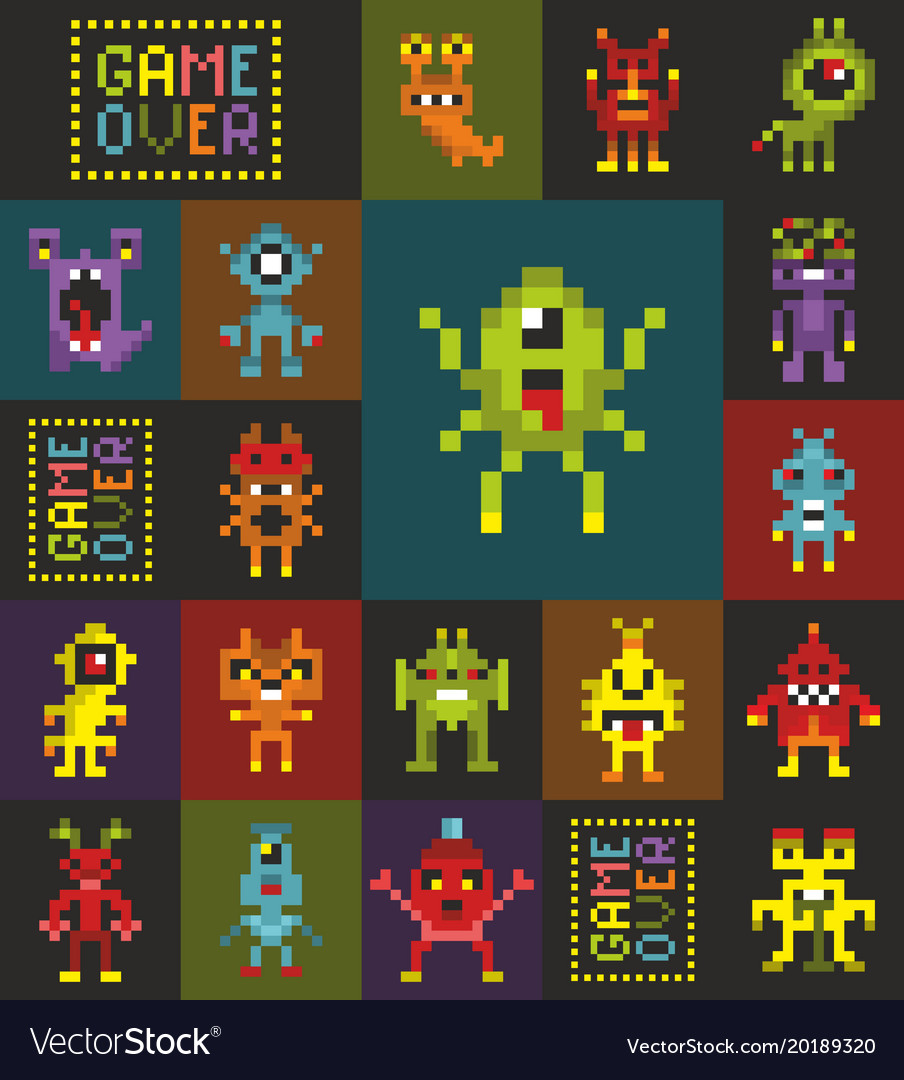 Seamless pattern with cute pixel monsters from