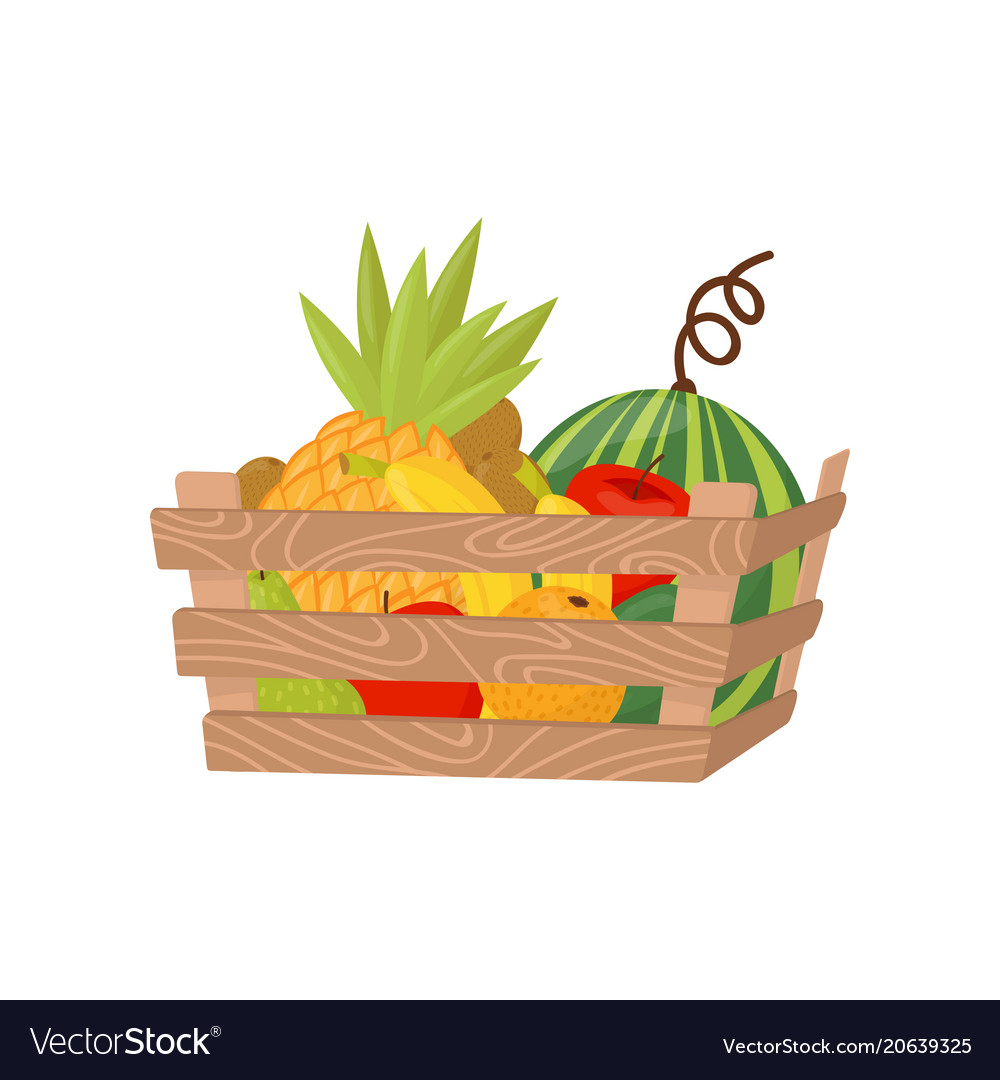 Fresh ripe fruits in wooden crate healthy