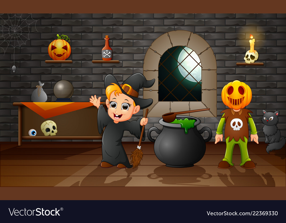 Cartoon of little witch and pumpkin mask