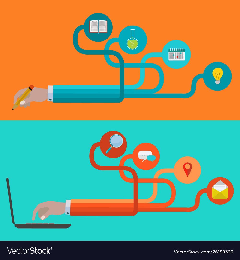 Hands with icons for studying and connecting vector image Hands with icons for studying and connecting