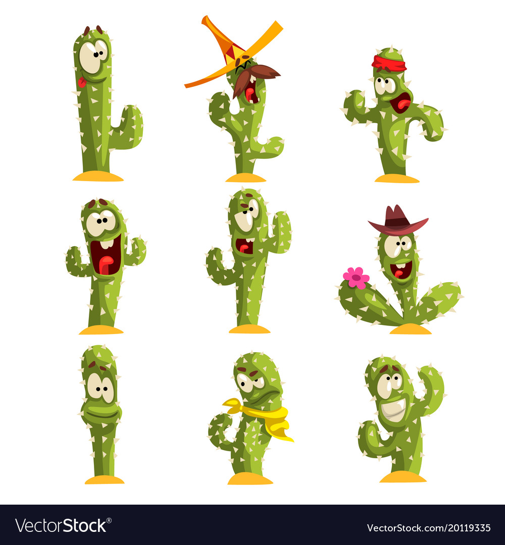 cactus characters sett funny cacti with different vector image
