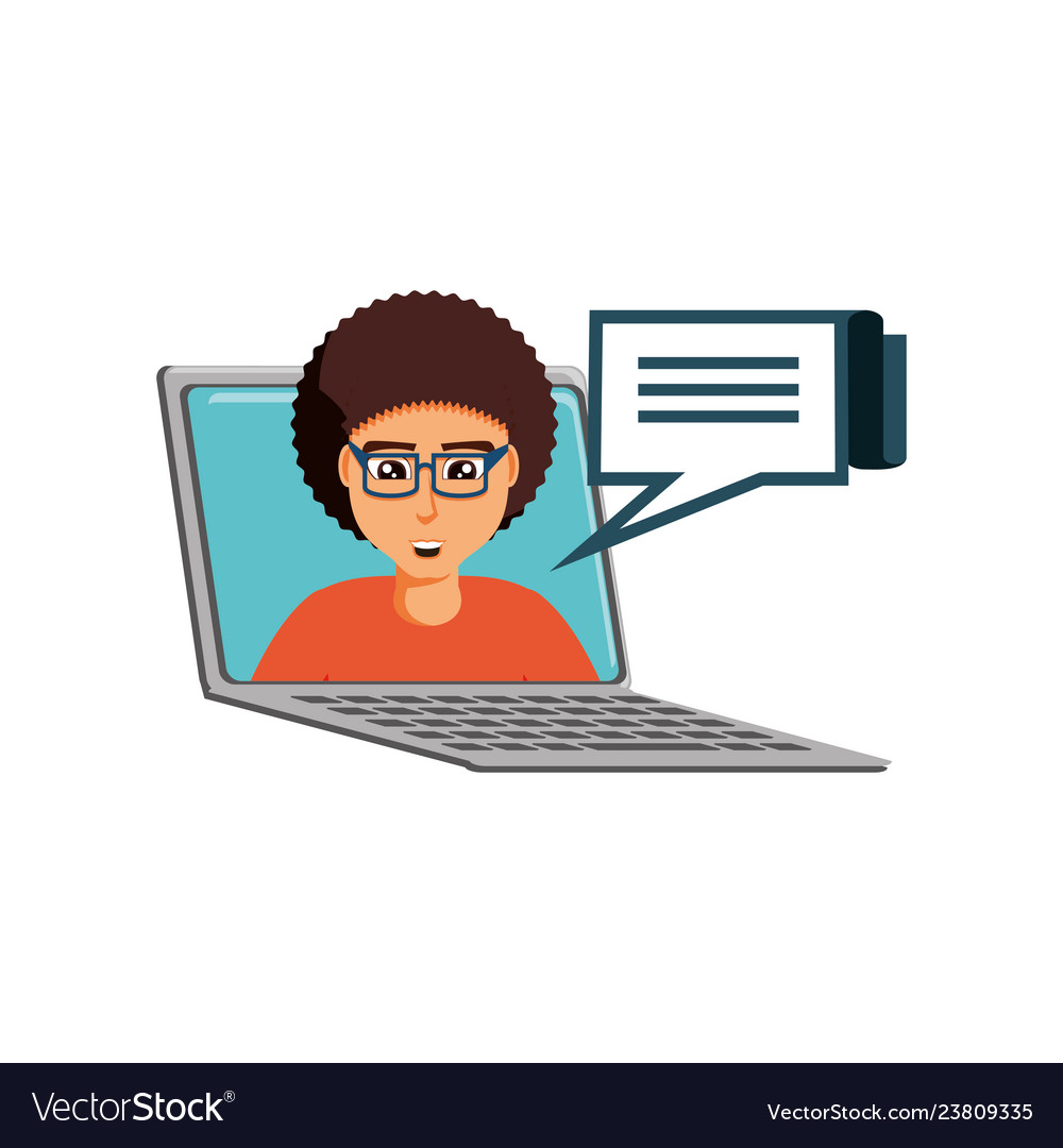 Man in laptop computer with speech bubble
