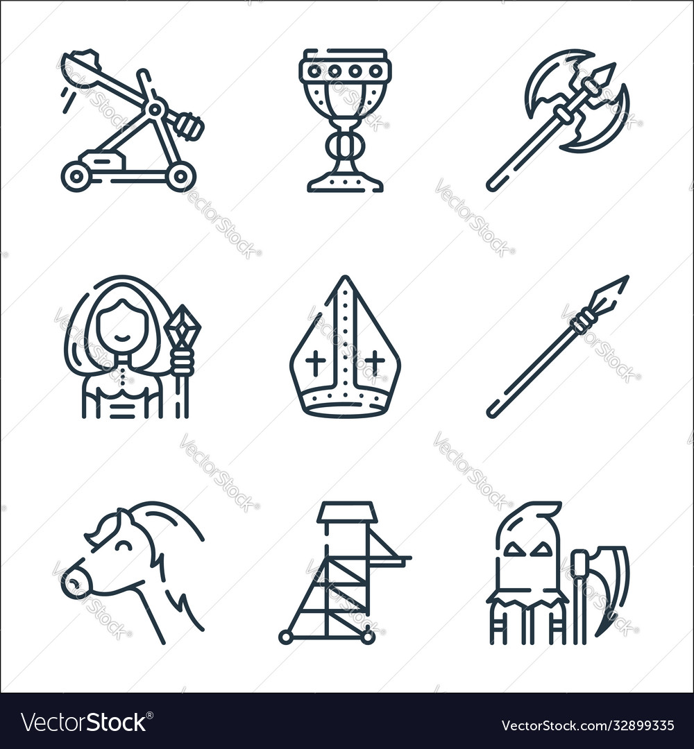 Medieval times line icons linear set quality vector image Medieval times line icons linear set quality