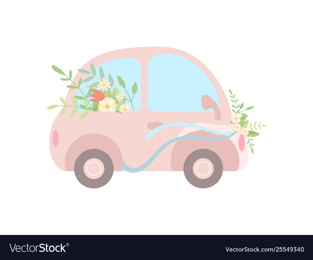 Cute Pink Vintage Car Decorated With Flowers Vector Image