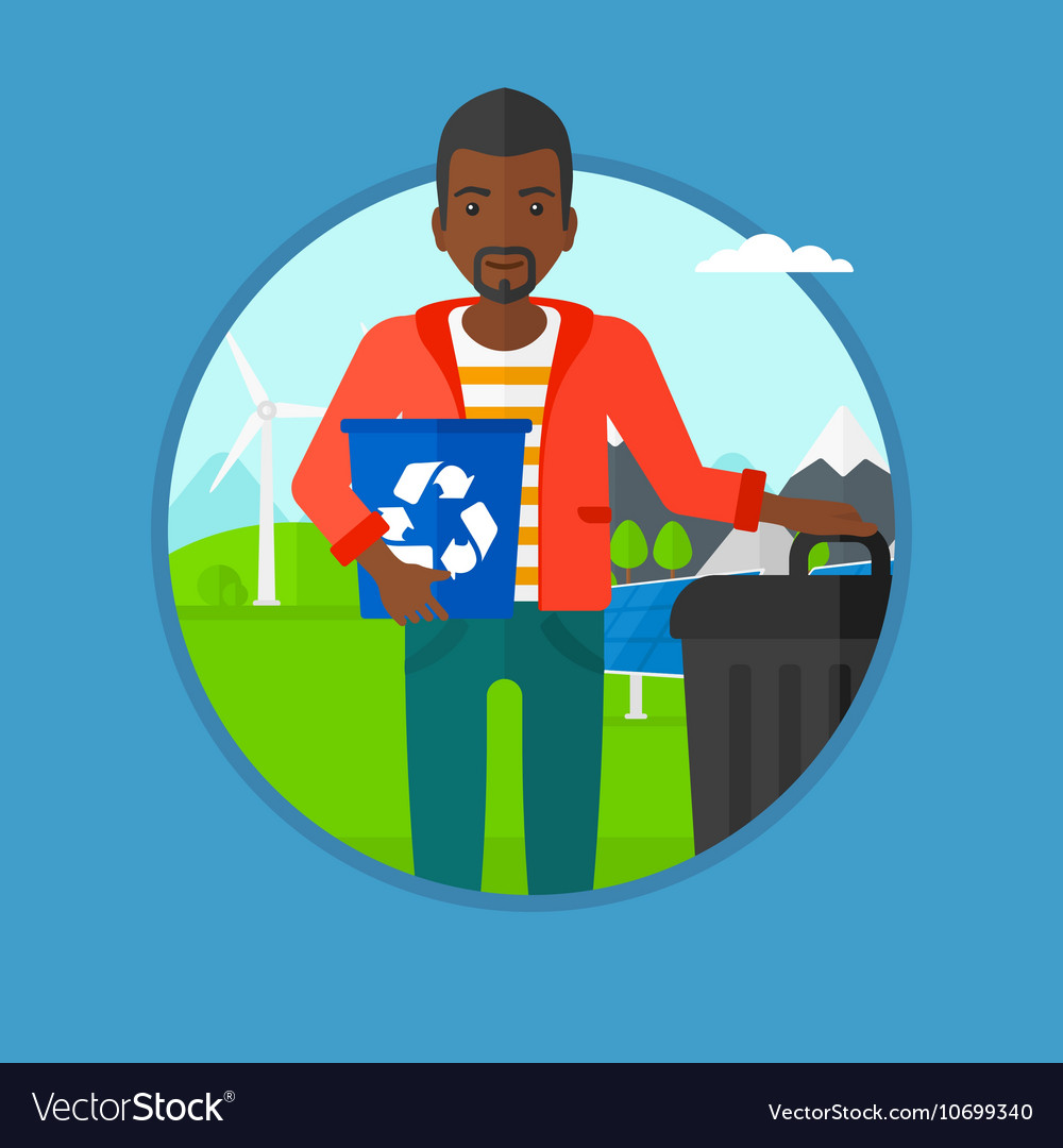 Man with recycle bin and trash can