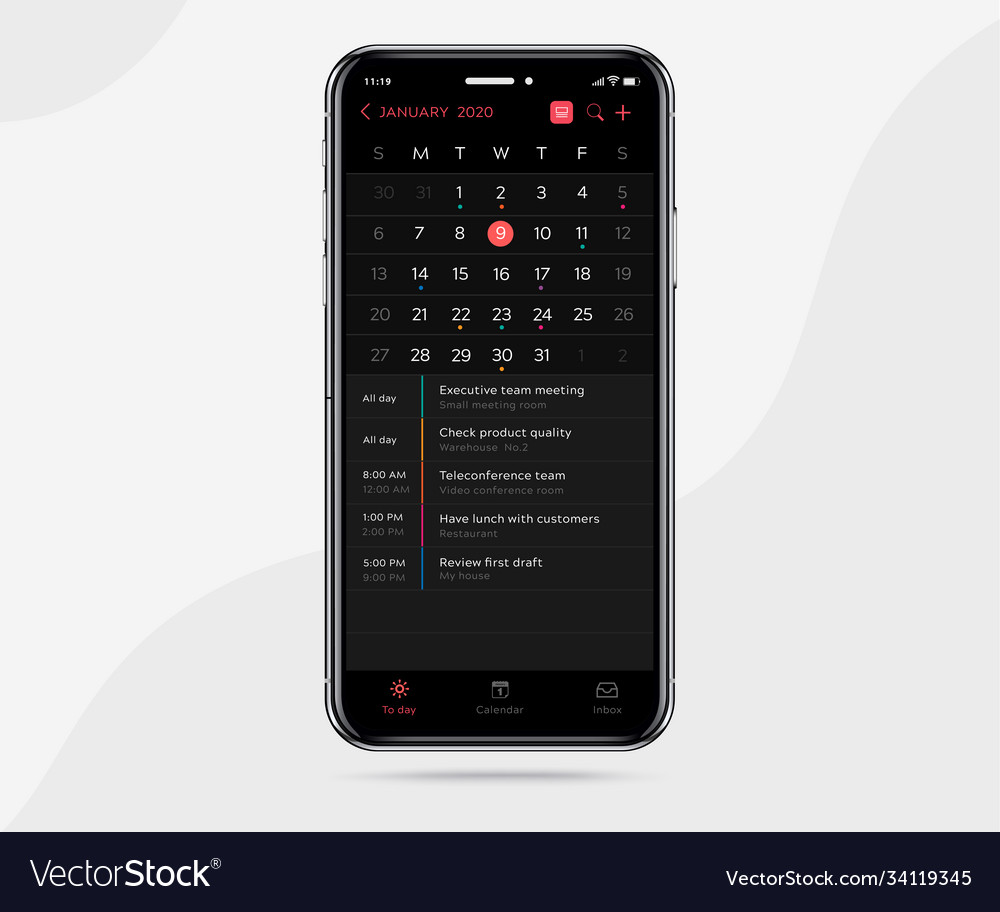Mobile App Kalender Dunkelmodus Konzept vector image Mobile App Kalender Dunkelmodus Konzept