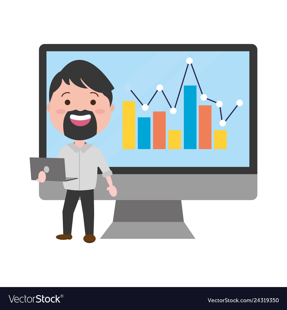 Businessman using desktop computer with statistics vector image Businessman using desktop computer with statistics
