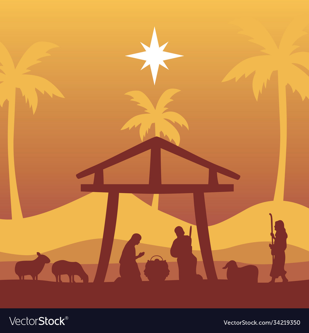 Happy merry christmas manger scene with holy vector image Happy merry christmas manger scene with holy