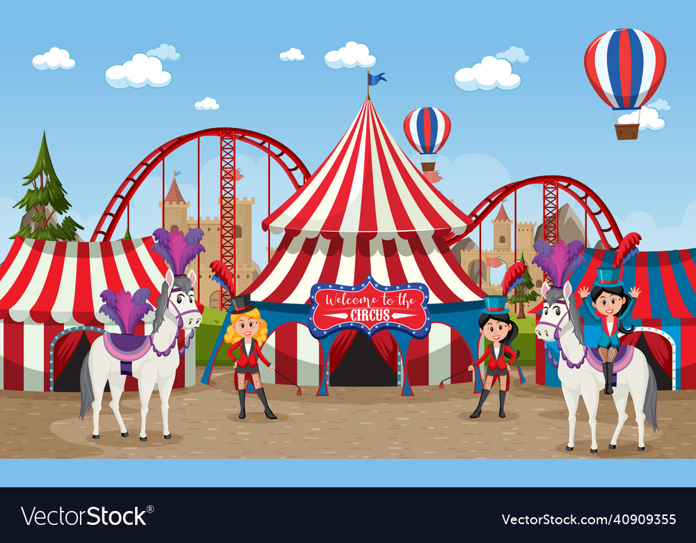 Amusement Park Scene With Ferris Wheel And Circus Vector Image