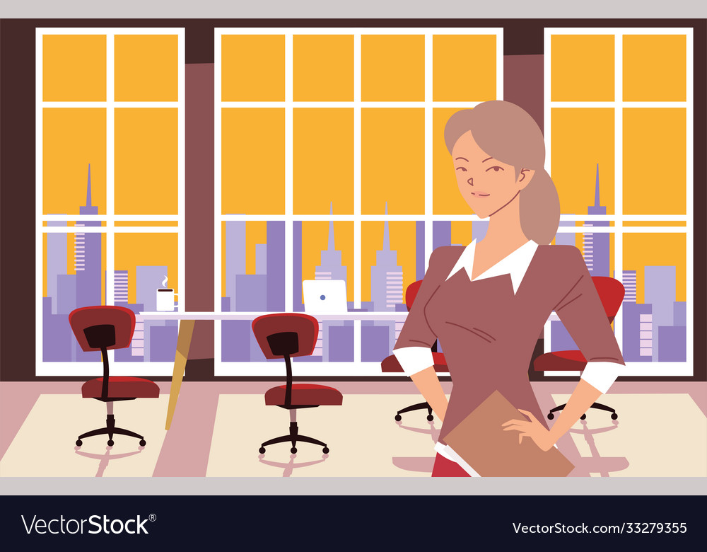 Businesswoman cartoon in front office meeting