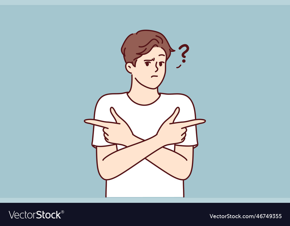 Puzzled man pointing fingers in different