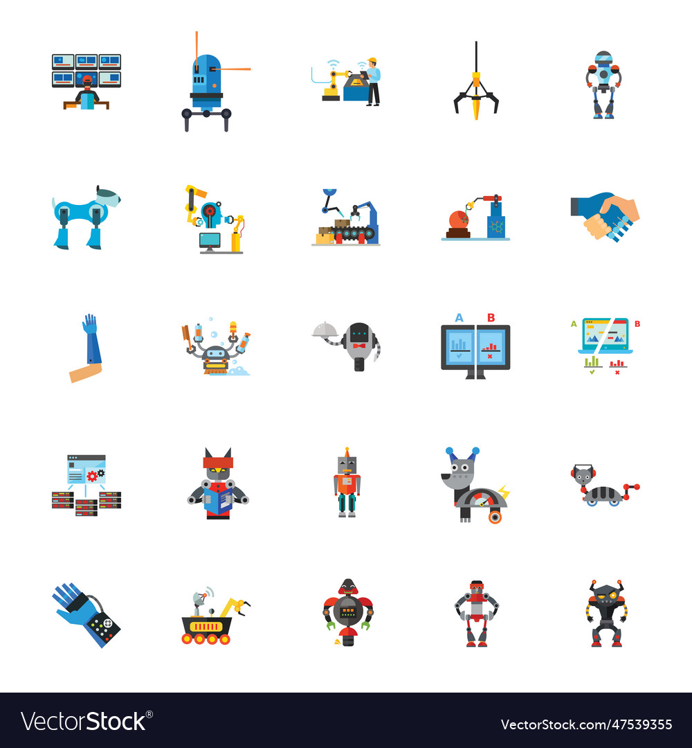 Robots and robotic technology icon set vector image Robots and robotic technology icon set