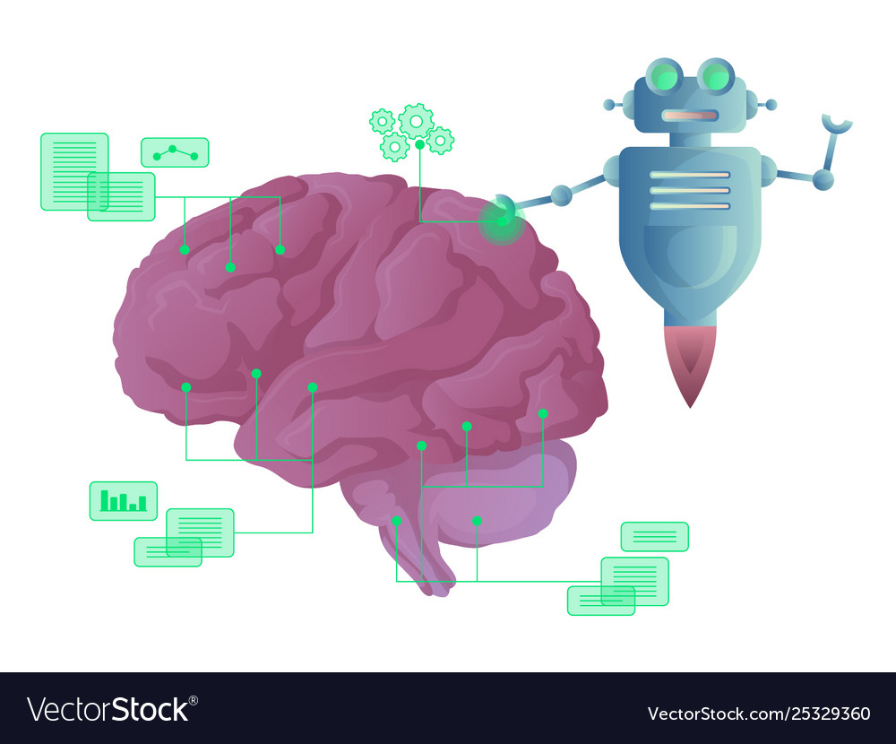 Robot exploring human brain capabilities vector image Robot exploring human brain capabilities