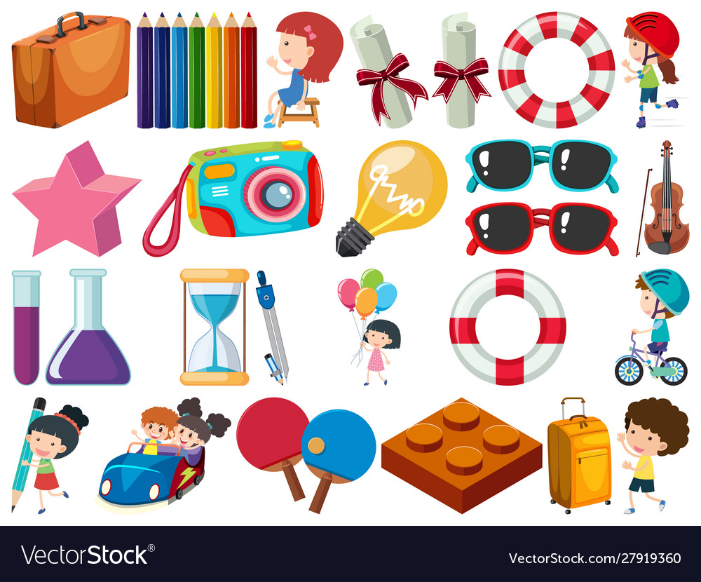Set isolated objects kids and stationeries vector image Set isolated objects kids and stationeries