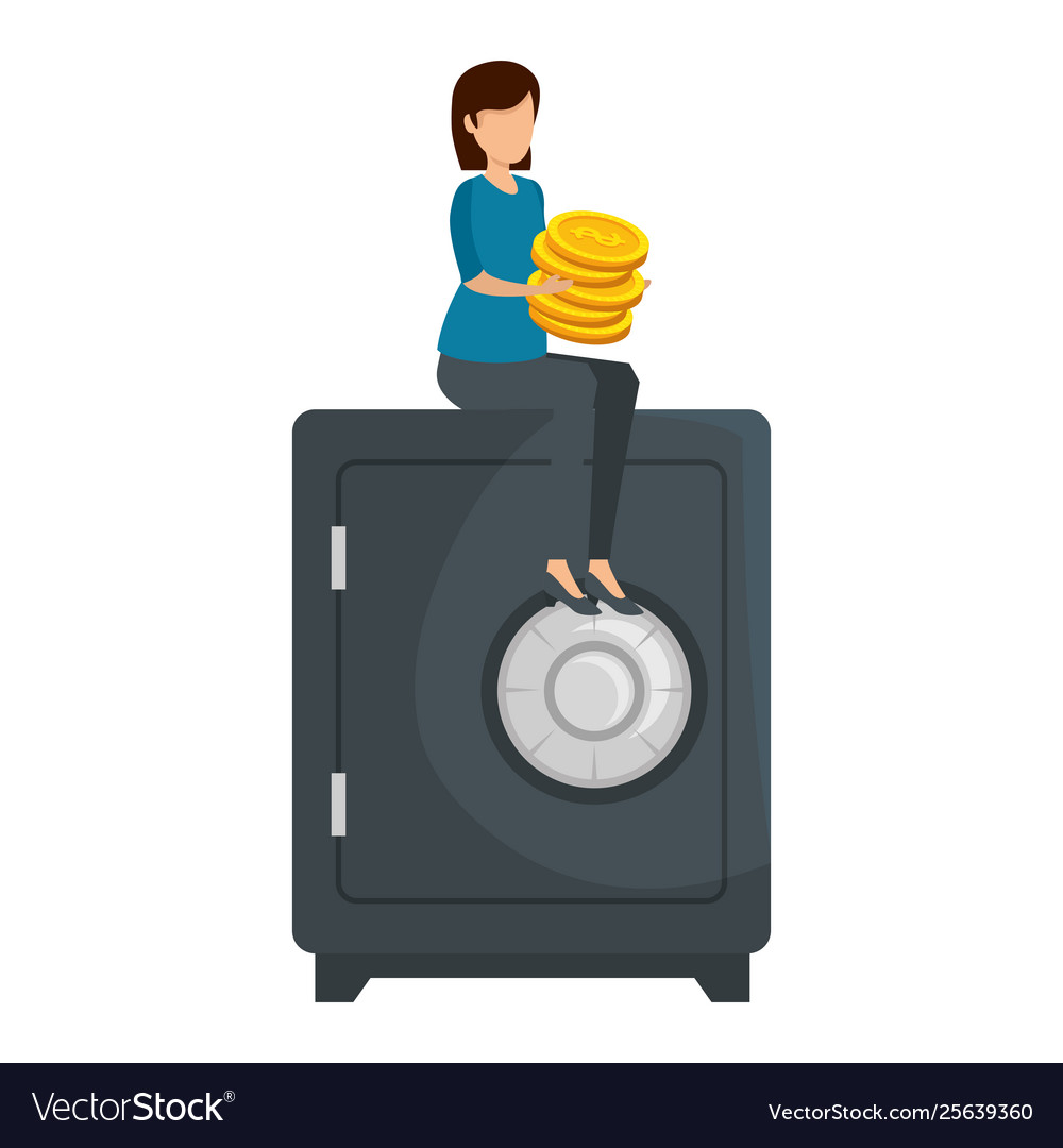 Young woman with coins seated in safe box