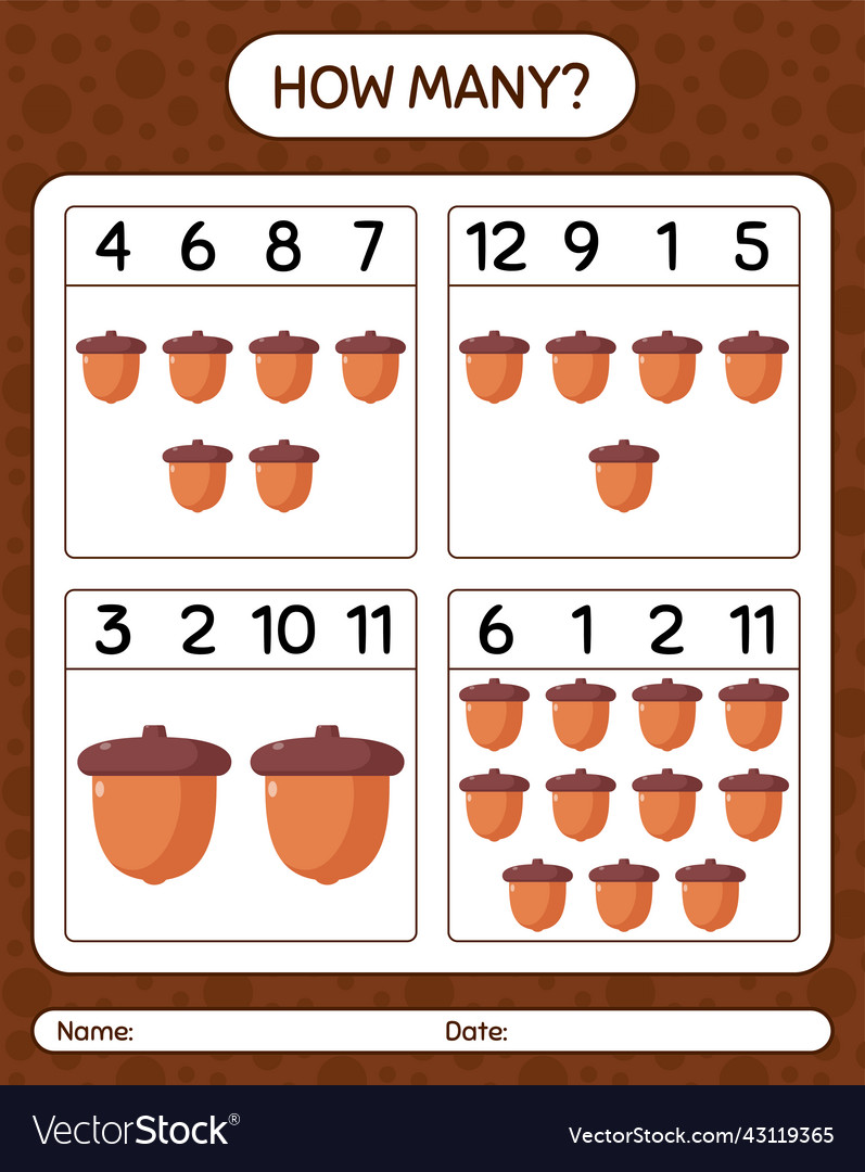 How many counting game with acorn worksheet vector image How many counting game with acorn worksheet