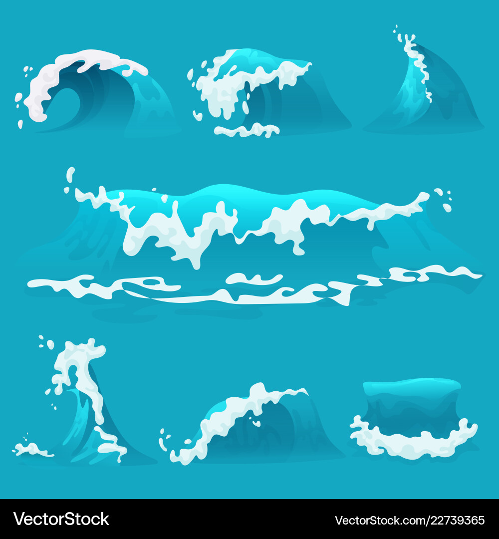 Set Different Cartoon Sea Or Ocean Waves Vector Image