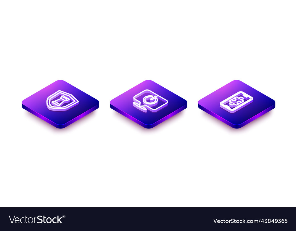 Set isometric line chess shield power button vector image Set isometric line chess shield power button