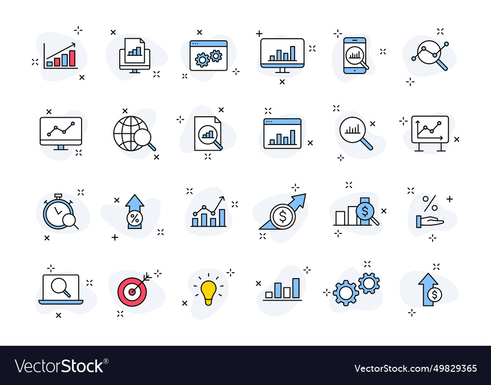 Set of 24 data analysis web icons in line style vector image Set of 24 data analysis web icons in line style
