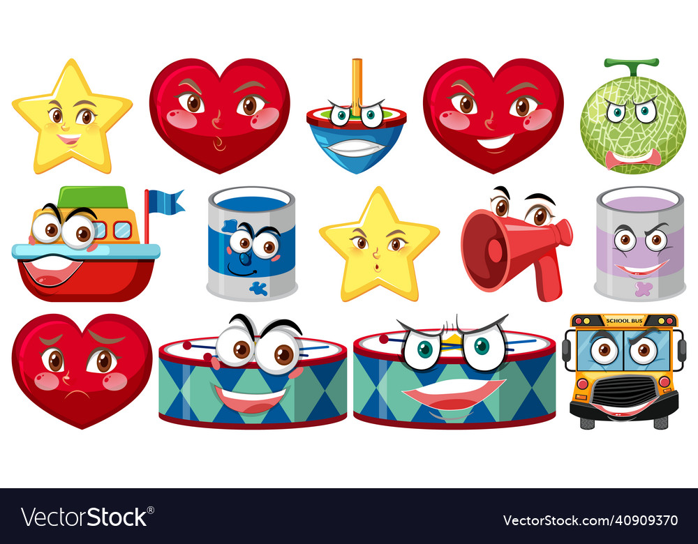 Set of different toy objects with smiley faces vector image Set of different toy objects with smiley faces