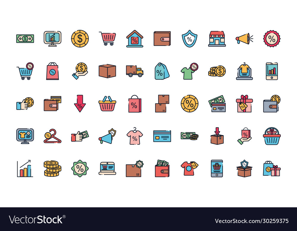 Sale and shopping line fill style icon set