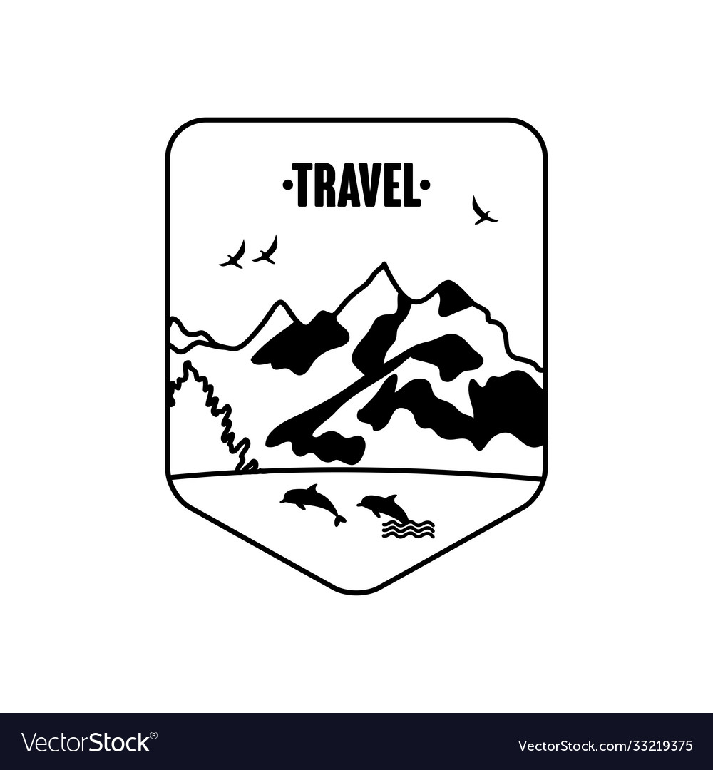 Travel emblems with lake and snowy mountains Vector Image