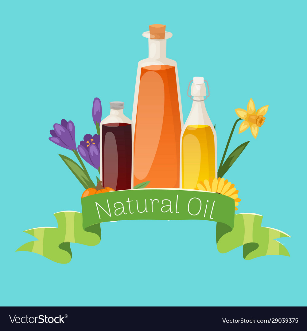 Vegetal oil bottles with flowers and banner